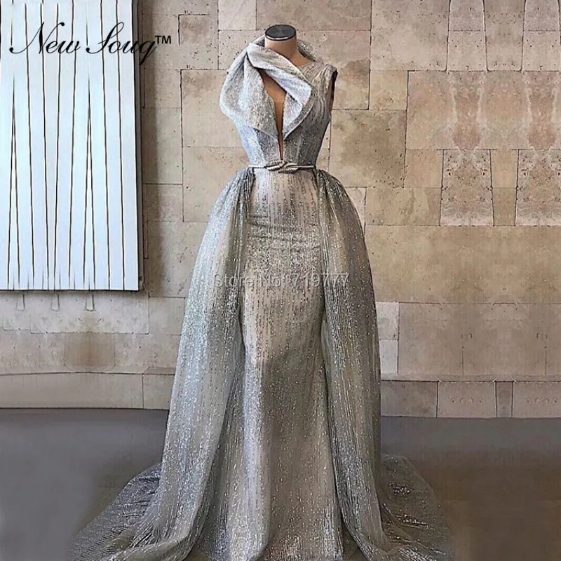 Abendkleider/серебристое вечернее платье со съемным шлейфом, длинные платья для выпускного вечера Арабская, Дубай, вечерние платья на заказ