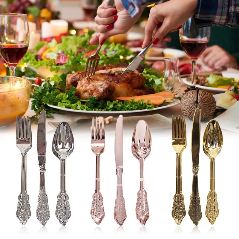 

18PCS Disposable Imitation Metal Plastic Gold Silver Carved Embossed Cutlery Western Wedding Party Tableware Set