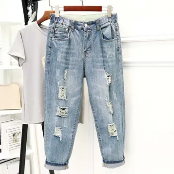 

5XL 2019 Fashion Plus Size Washed Jeans Blue Ripped Hole Denim Pants Summer Loose Casual Harem Jeans