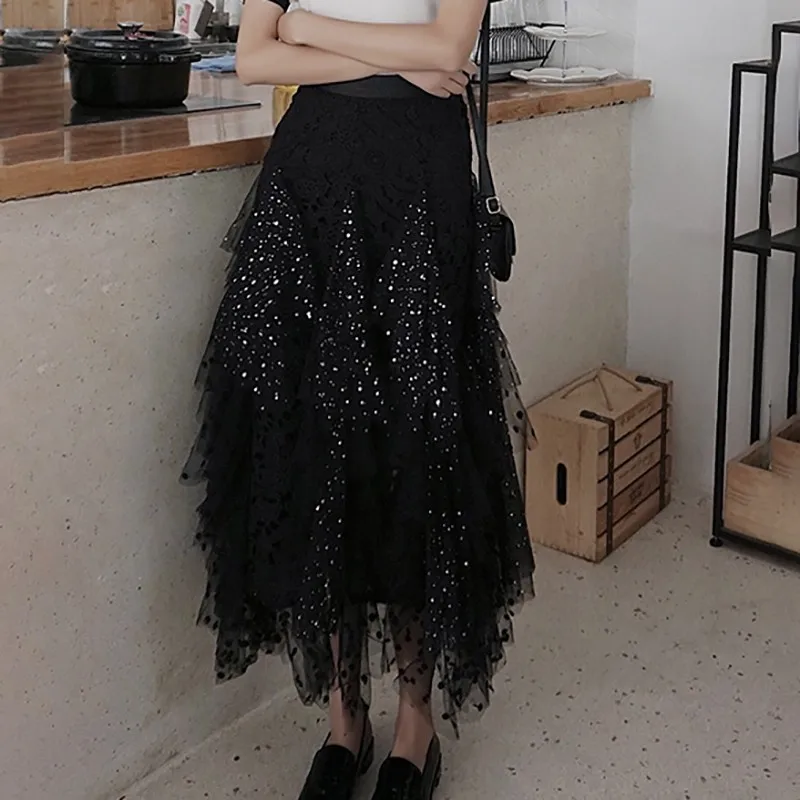 TWOTWINSTYLE Aushöhlen Polka Dot Frauen Rock Hohe Taille Mesh Unregelmäßige Mitte Röcke Weibliche Casual Koreanische 2019 Frühling Mode Neue