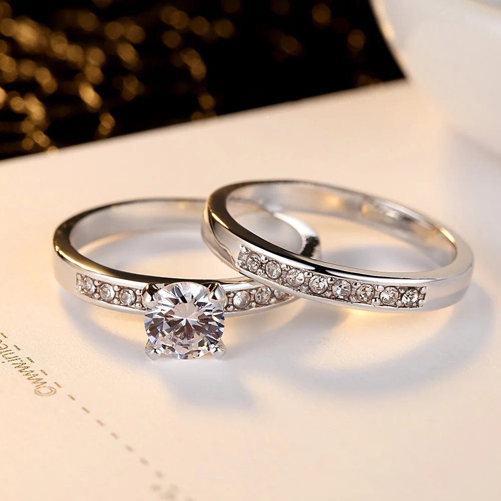 

HPXmas 2pc/lot Exquisite Crystal Rings Jewelry Wedding Engagement Promise for Women Female Ladie lOVE Couple Men Rings Set A50