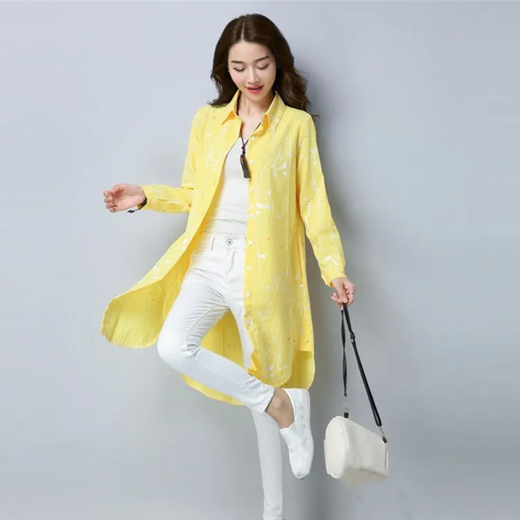Print Casual Loose Long Blouses Women Sleeve Cotton Linen Shirt Spring Turn-down Collar Thin Tops |