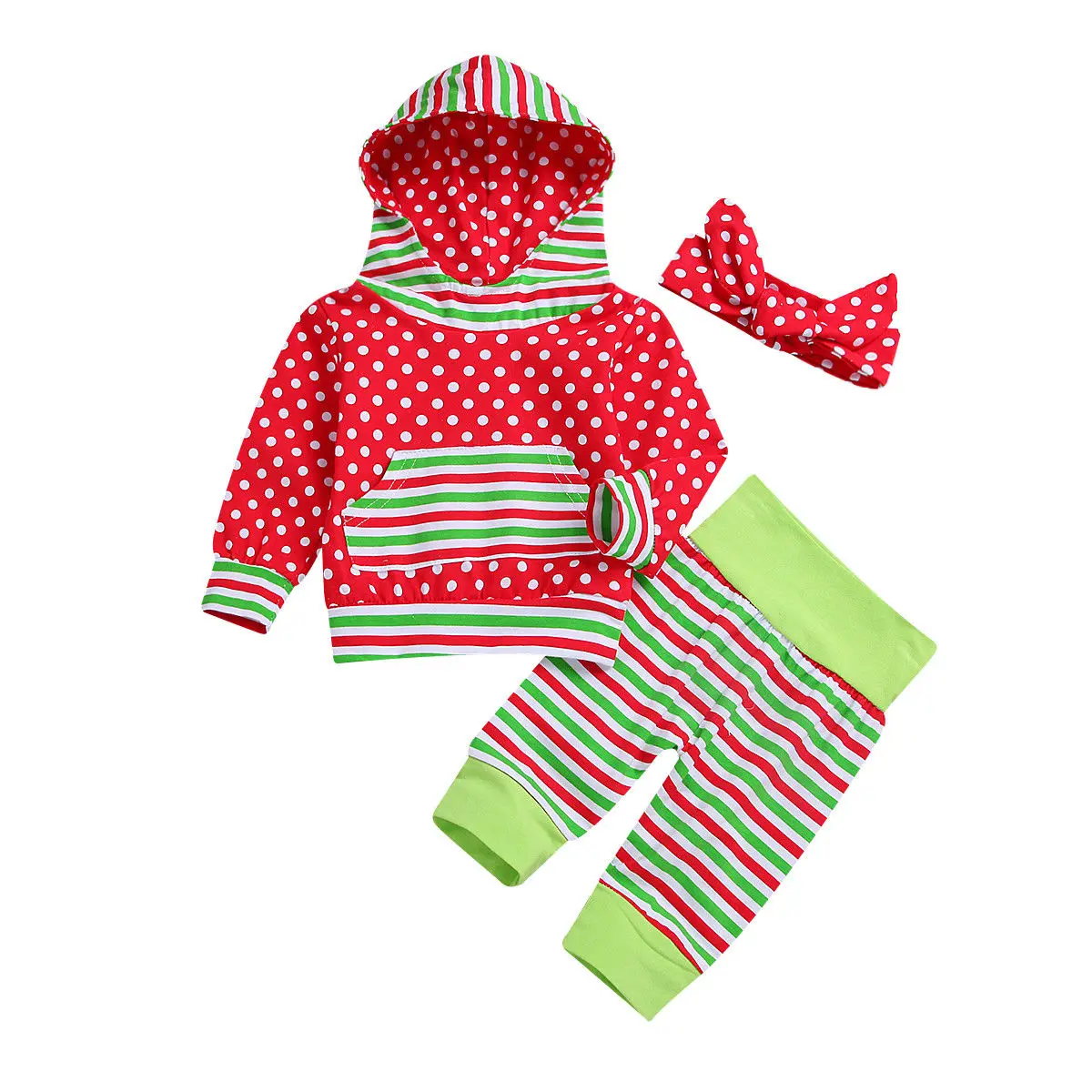 Baby Polka Dots Hooded Clothes Set Newborn Babies Girls Pocket Hoodie Tops+Striped Pants Clothes Outfits Cute 0-12M