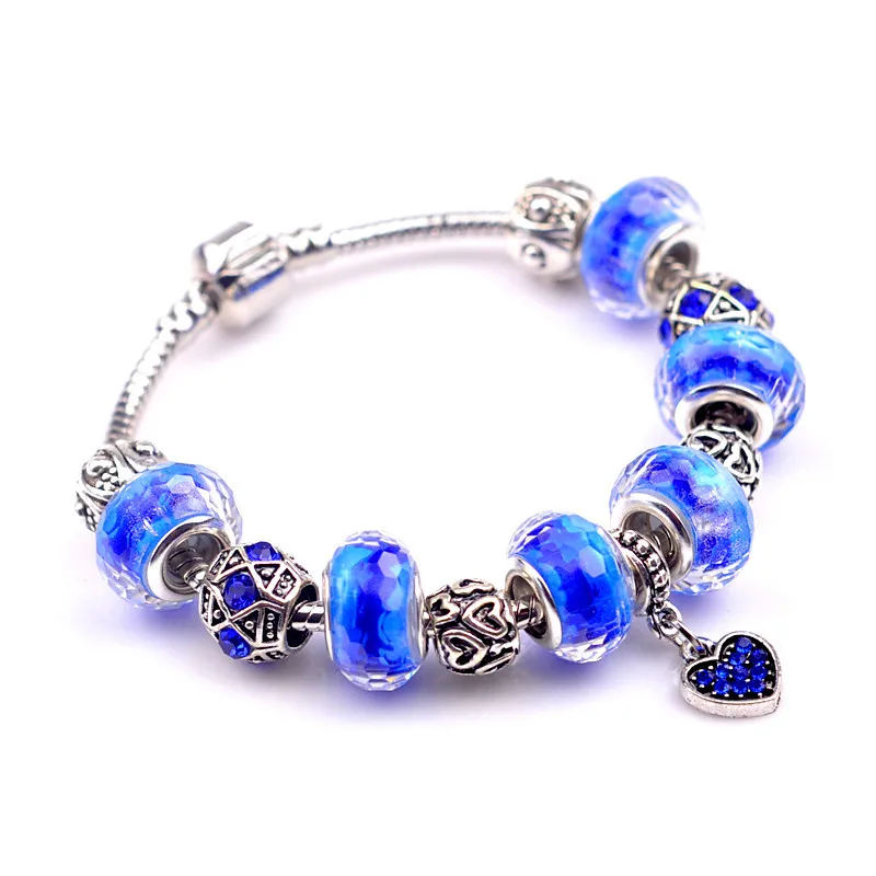

Silver Plated Strand pandora Bracelet for Women with Blue Glass Bead & Heart Charms Fashion Bangles Bracelet Jewelry B032