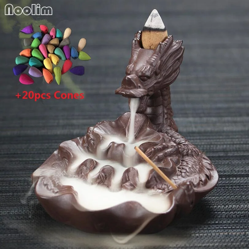 

20Pcs Incense Cones+Backflow Incense Burner Creative Home Decor Ceramic Dragon Censer Stick Incense Holder
