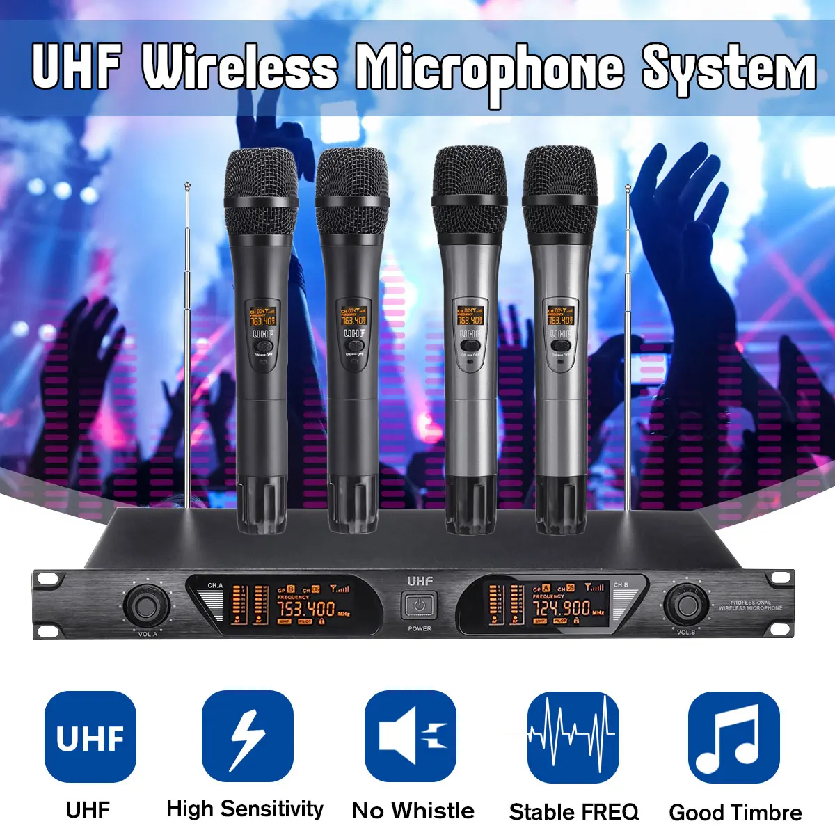 

NEW UHF 2 Channel Dual Handheld Mic Transmitter Frequency Stability Professional Karaoke Stage Wireless Microphone System