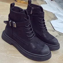 2019 New Platform Winter Boots Women Shoes Rubber Black Martin Boots Leather Lace Up Combat Ankle Boot Ladies Buckle Botas Mujer prova perfetto black ankle boots for women rivets studded flat autumn botas mujer genuine leather platform rubber martin boots