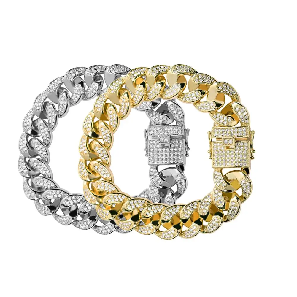 

Hip Hop Style Men's Bracelet Golden Plated Two-color Rhinestone Buckle Cuban Style Large Chain Alloy Wristband