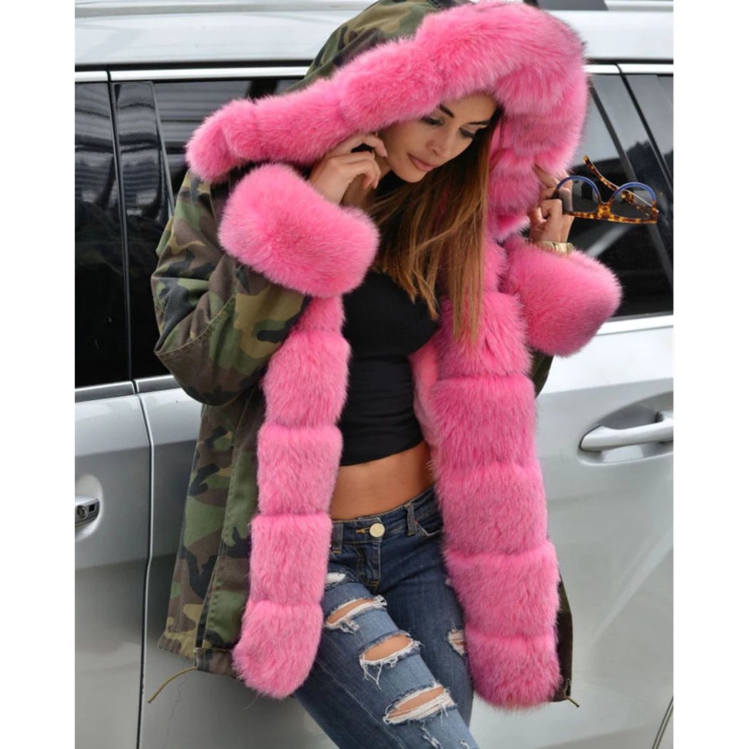 2018 Winter Pink Faux Fur Liner Jacket Army Green Hooded Coat Women