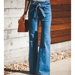 2019 Винтаж Высокая талия женские джинсы клёш Мода high Street пояса джинсовые брюки женские эластичные повседневные брюки
