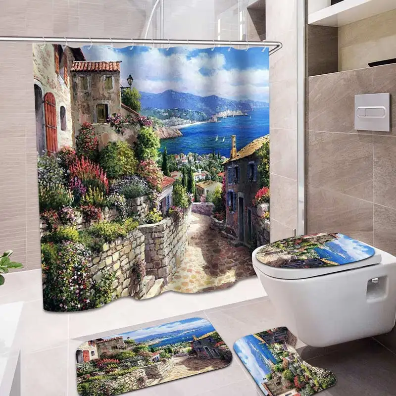 

City Street Sea Scenery Pattern Bathroom Decoration Shower Curtain Pedestal Rug Lid Toilet Cover Mat Non-slip Bath Mat Set