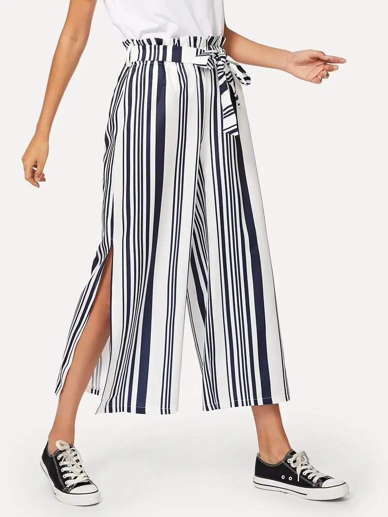 Pengpious women's clothing European and American style stripe wide-legged pants leisure vacation sexy vented trousers capris