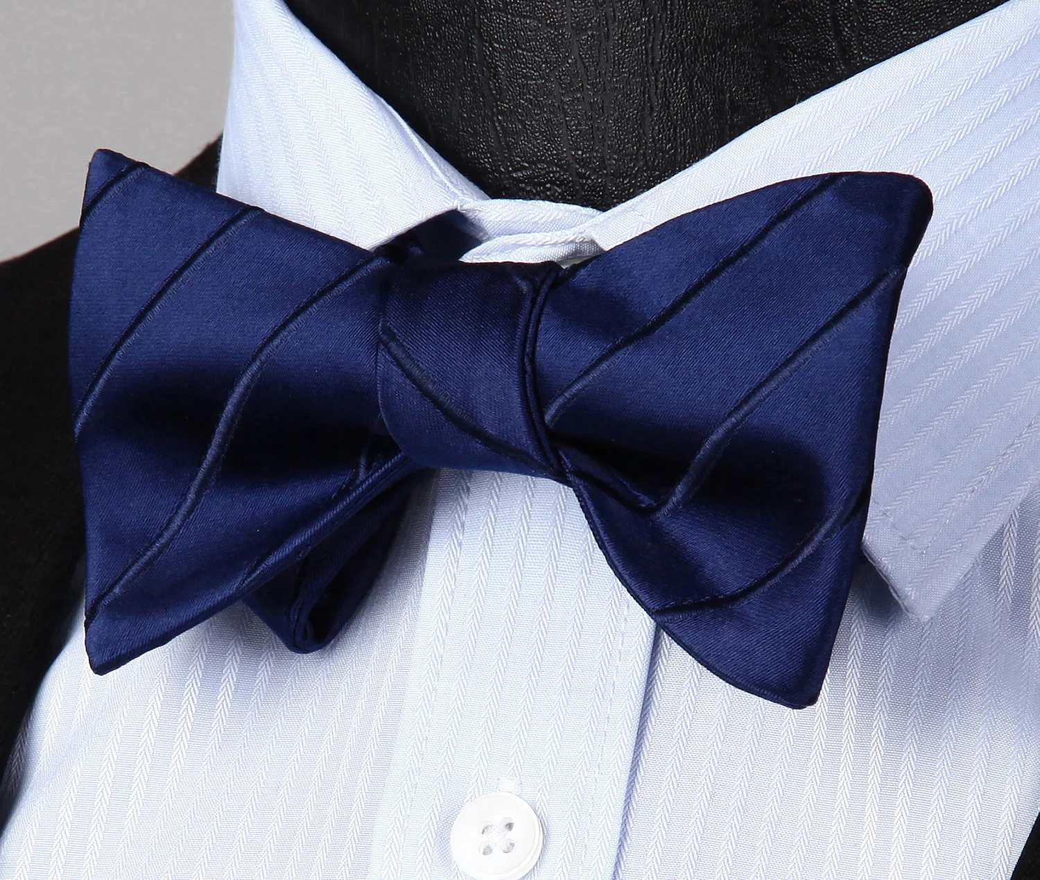  Navy Blue Striped Men Self Bow Tie Classic Woven Silk Pocket Square Set BS804VS Party Wedding Bow T