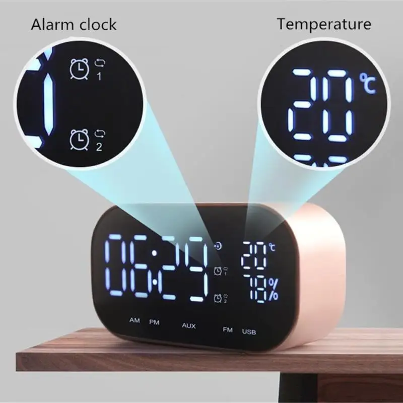 

Portable Bluetooth Speaker Support Temperature LCD Display FM Radio Alarm Clock Wireless Stereo Subwoofer Music Player