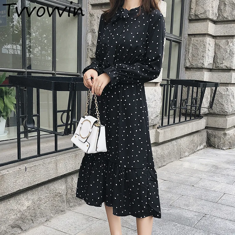

TVVOVVIN 2019 Autumn New Women A-line Office Lady V-neck Dot Full Sleeve High Waist Bow Midi Dress J016