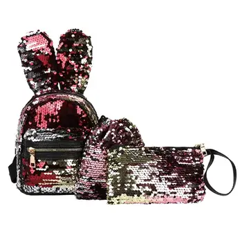 

3pcs/Set Women Rabbit Ears Mini Glitter Sequins Backpack Female Party Messenger Clutch Composite Girls Shoulder Bags Wristlets