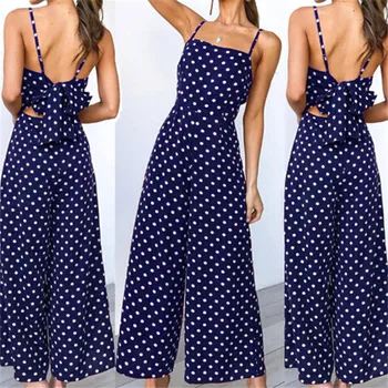 

Trendy Women clothes off shoulder Summer Dot Sleeveless Jumpsuit strap Wide Leg Polyester Romper one pieces