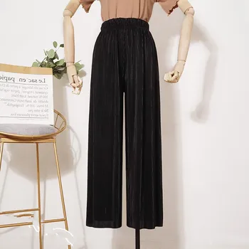 

2019 Summer New Chiffon Pleated High Waist Pants Women Fashion Solid Wide Leg Pants Office Lady Loose Casual Trousers
