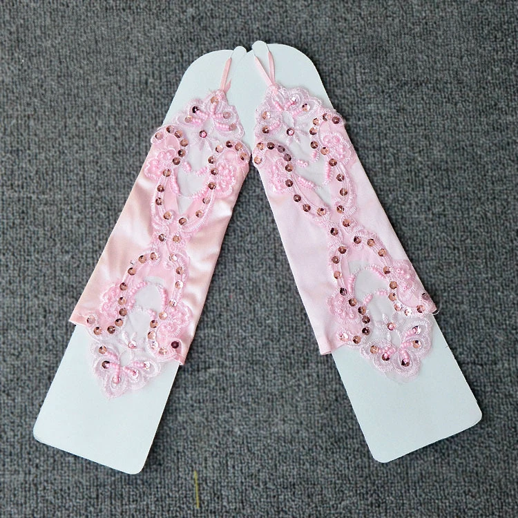 Flower Girl Gloves Wedding Dress Accessories White Children Long Gloves Without Finger Lace Suture Beads Sleeves D