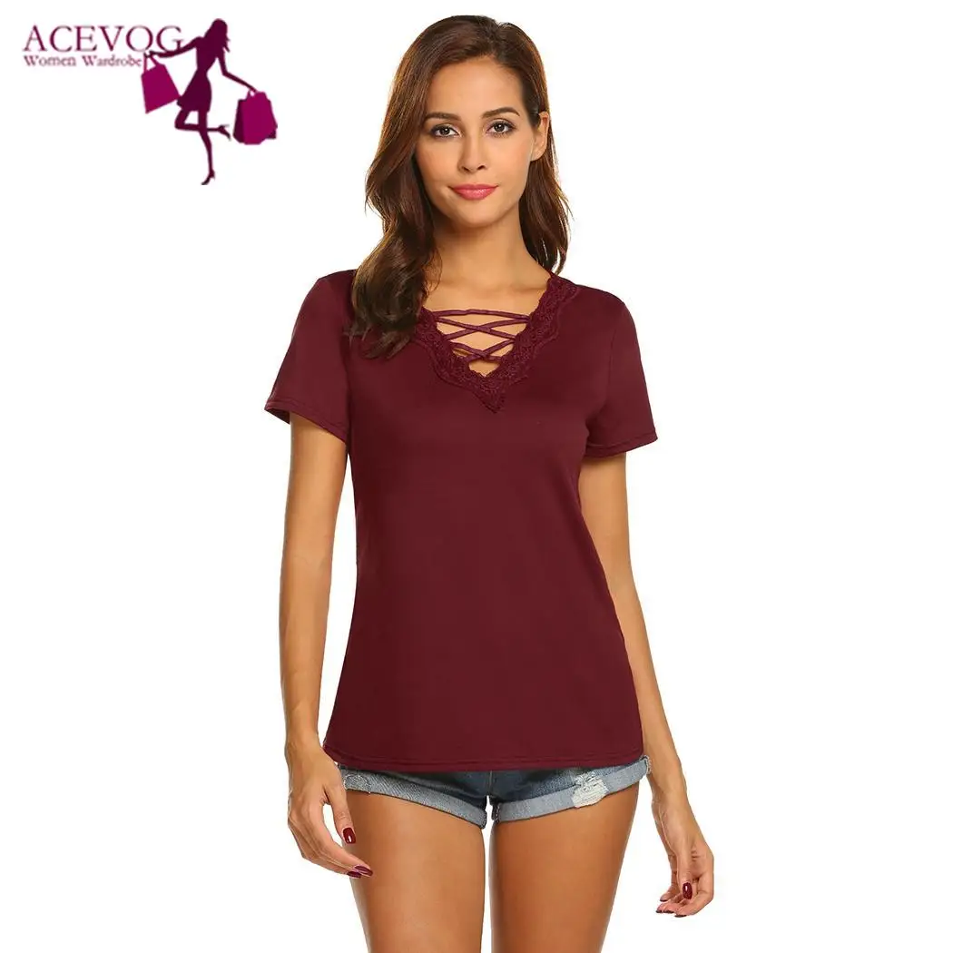 

ACEVOG Women T-Shirts Tops Spring Autumn Cross Trim ShortSleeve Front V-Neck Feminino Casual Lace Criss Tshirts Pullovers