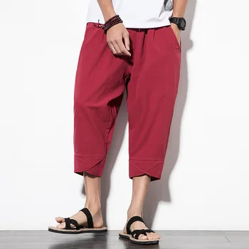 

#4515 Streetwear Hip Hop Cotton Linen Harem Pants Men Elastic Waist Plus Size M-5XL Vintage Trousers Loose Linen Pants Red Black