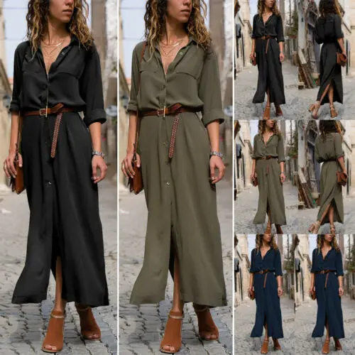 

2019 New Womens Five-Sleeve High Waist Strap and Ankle Shirt Dress