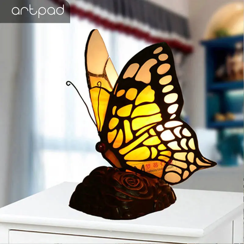 

Artpad Stained Glass Tiffany Butterfly Lamps With US/EU Plug In E27 Bedroom Bedside LED Butterfly Light for Table Night Fixtures