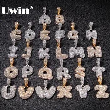 

Uwin Small Size Stainless Steel bubble Initial Necklace Pendant For Men Women Iced Rhinestones Silver Gold Color Fashion Jewelry