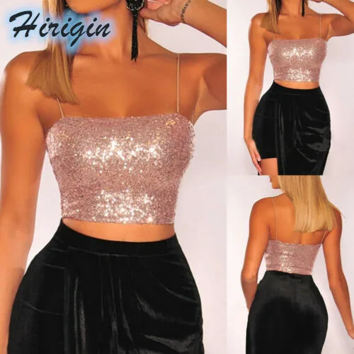 

Summer Crop Tops 2019 New Summer Women Sexy Spaghetti Strap Pink Sparkling Sequined Short Camisole Crop Tops