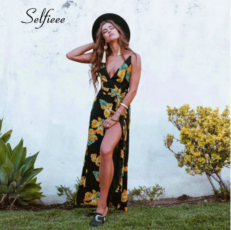 

Womens Summer Boho Maxi Long Dress Evening Party Beach Dresses Sundress Floral Spaghetti Straps Dress With High Split Robe Femme