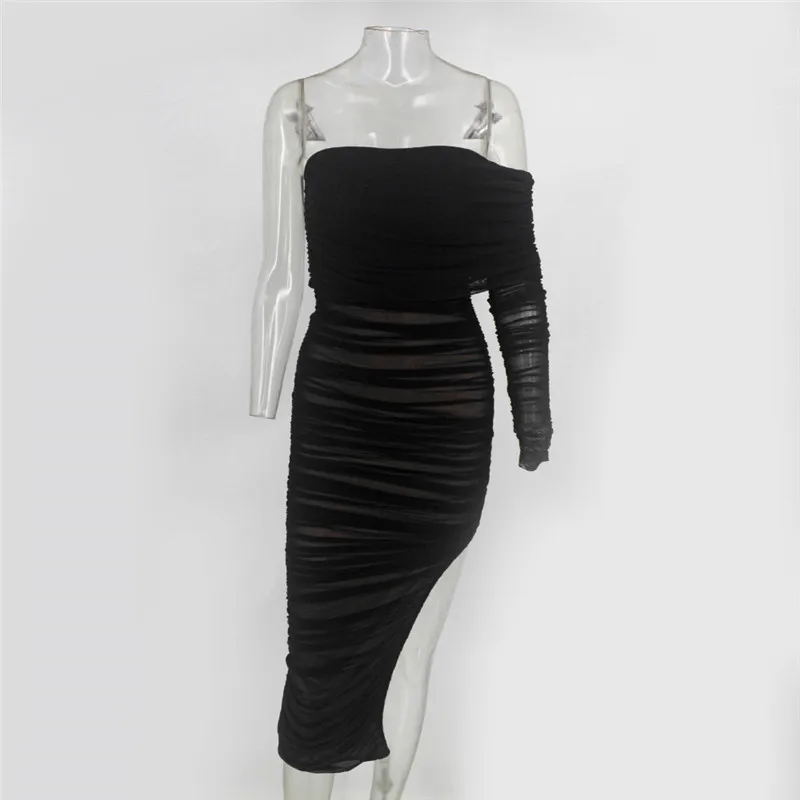 COSYGAL, одно плечо, длинный рукав, боковое пикантное платье с разрезом, женское однотонное Сетчатое облегающее платье, платья для вечеринок в ночном клубе
