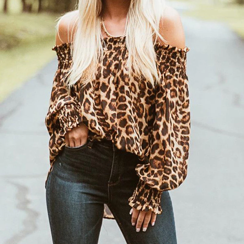 

Sexy Style Women Leopard Shirts Off Shoulder Printing Loose Tops Pullovers Chic Ladies Blouse Stylish Femme Blusa Shirt Clothing