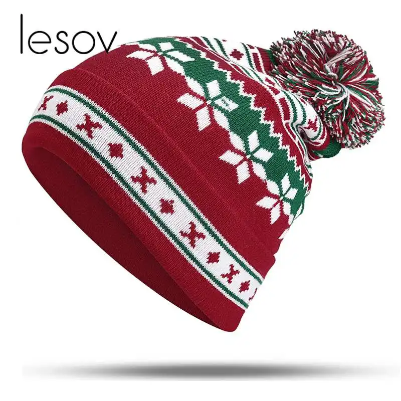 

Lesov Christmas Snowflake Knitted Beanie Hat Women Men Thick Warm Winter Hats Slouchy Sport Pompom Snow Caps For Christmas Gift