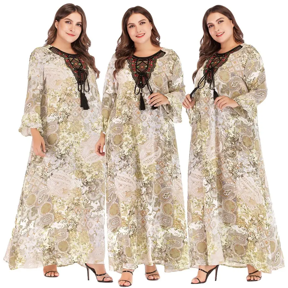 Women Muslim Long Dress Print Plus Size Embroidery Dubai Robe Casual Loose Abaya Gown Beading Drawstring Casual Islamic Clothes