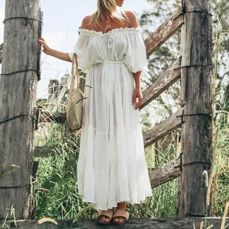 Простое летнее богемное Белое Женское длинное платье для путешествий с открытыми плечами, плиссированное платье на шнуровке с рукавом-фонариком, свободное элегантное женское пляжное платье