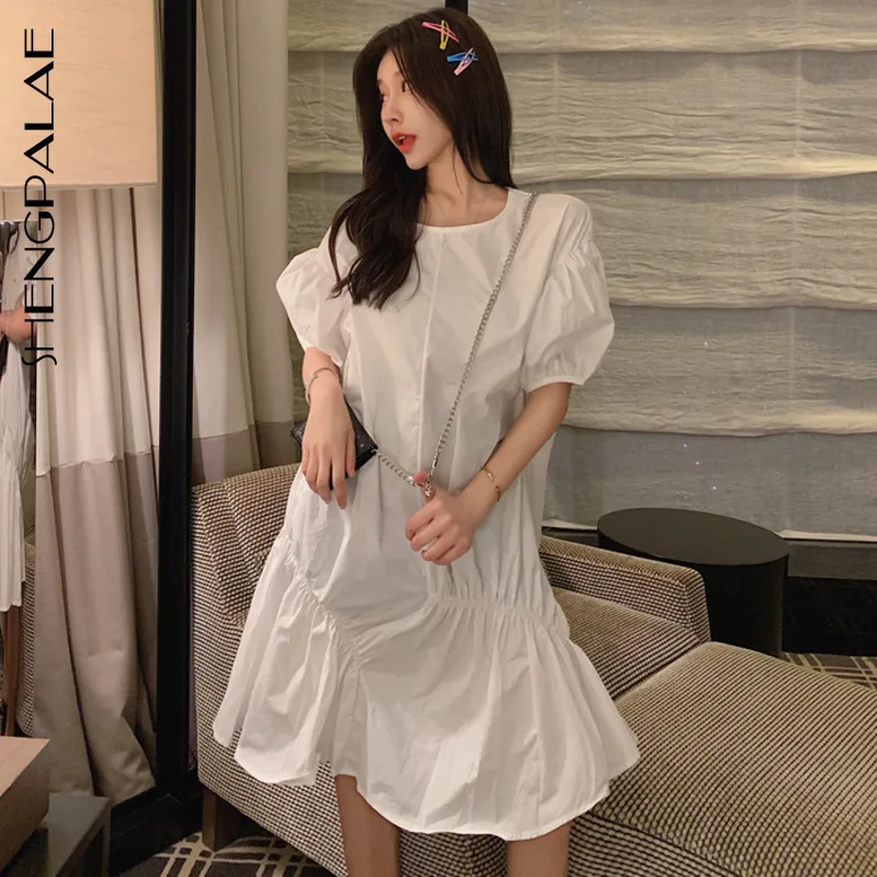 

SHENGPALAE Korean Fashion Round Collar Puff Sleeve Women Dresses Loose Solid Color 2019 New Summer Fold Female Dresses FM457
