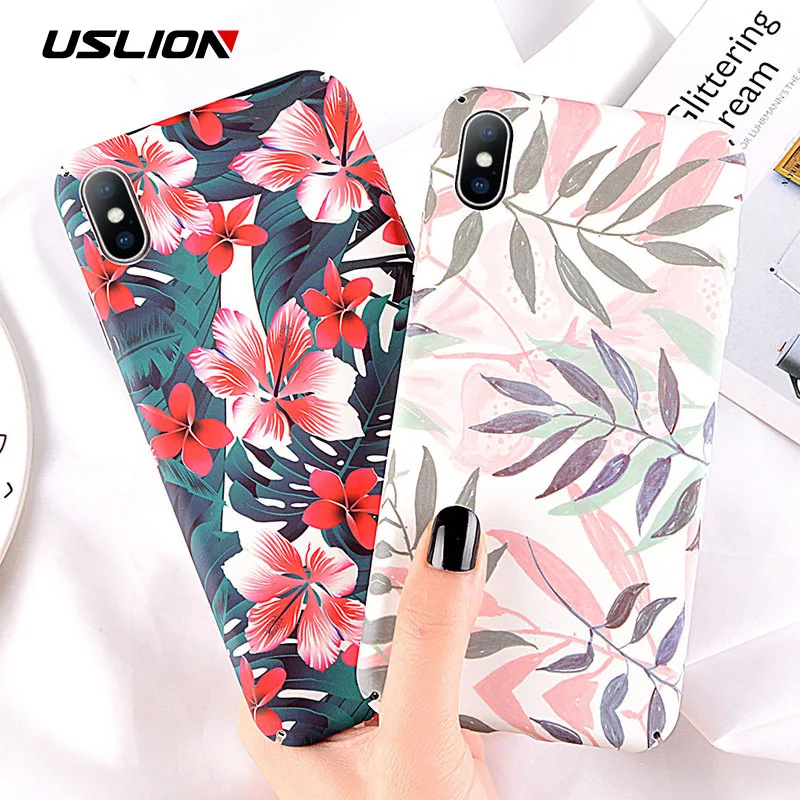 

USLION Flower Phone Case For iPhone 6 6s 7 8 Plus XS Max Xs Cherry Floral Green Leaf Full Back Cover For iPhone XR Hard PC Cases