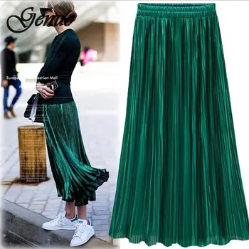 

Silver Gold Pleated Skirt Womens Vintage High Waist Skirt 2019 Summer Long Skirts New Fashion Skirt Female