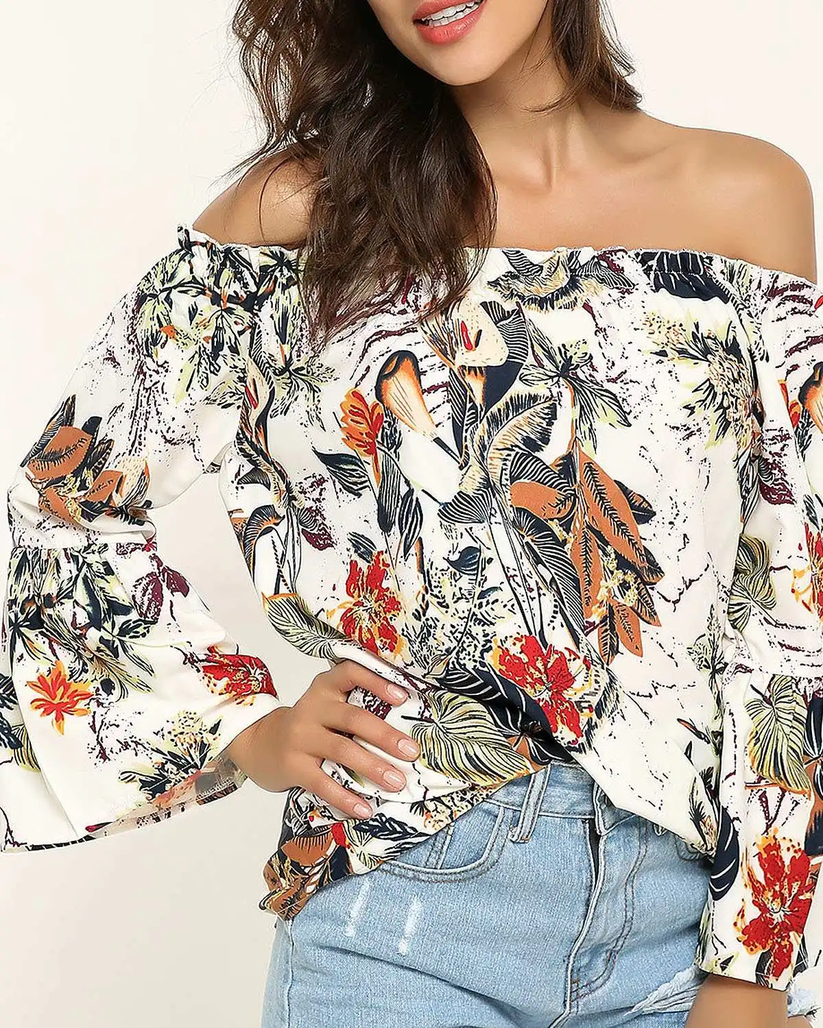

2019 Summer Floral Print Blouses Women Bohemian Beach Casual Loose Long Ruffles Sleeve Sexy Off Shoulder Slash Neck Tops Shirts