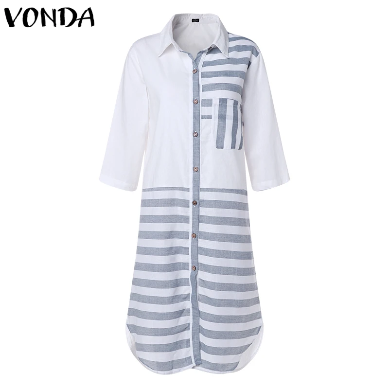VONDA Women Cotton Mid-calf Dress 2018 Autumn Spring Casual Lapel Long Sleeve Pockets Striped Splice Asymmetric Split Vestidos