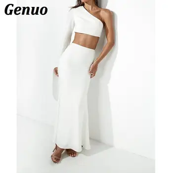 

Genuo Two Piece Set One Shoulder Long Sleeve Crop Top And Maxi Skirt 2 Piece Set Women's Party Dress Suits 2 Piece Club Outfits