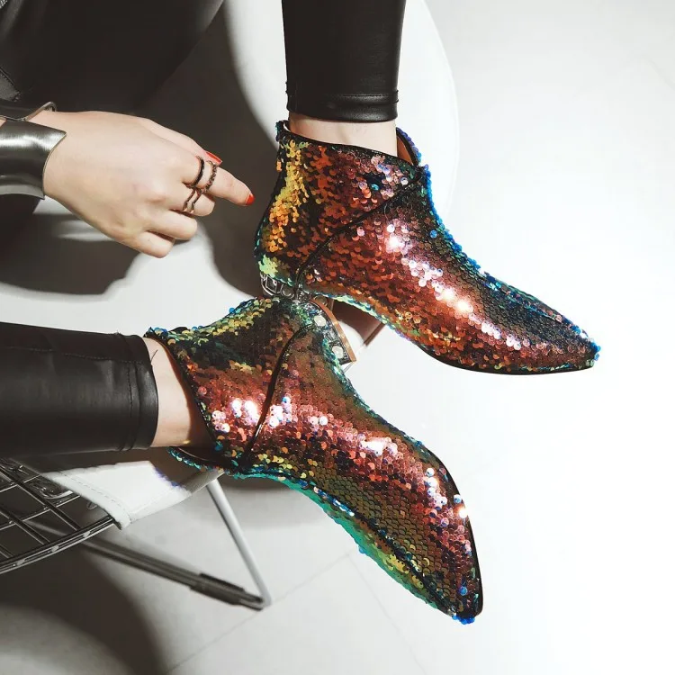 

Winter intrigue Bling Bling Ankle Boots Pearl Plated Low heels Pointed Toe Sequins Short Boots Zapatos Female Glitter Boots