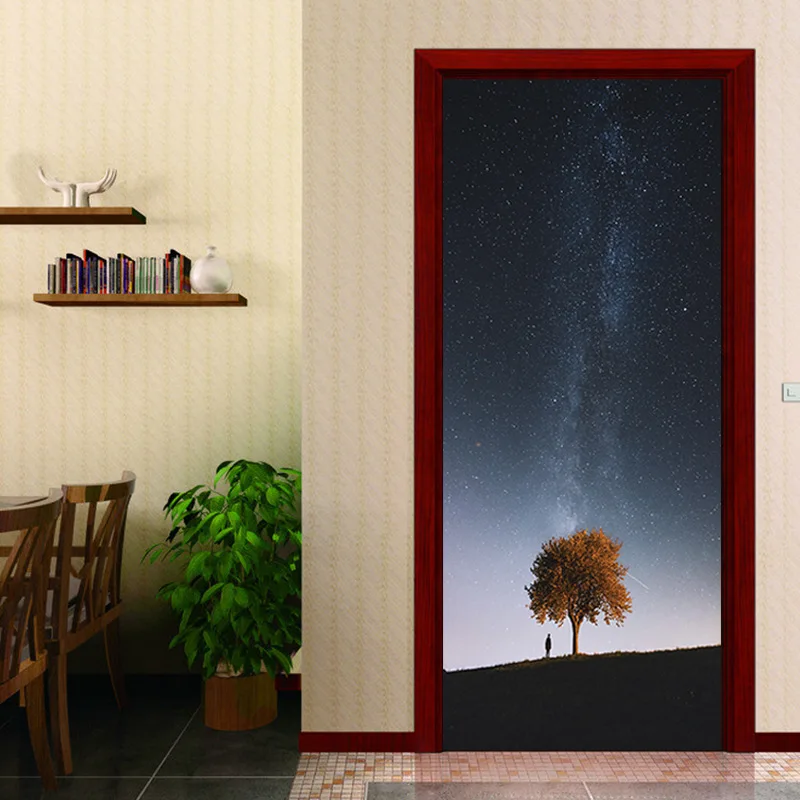 

Wooden Doors Refurbish Door Sticker night tree and people Self Adhesive Decorative Waterproof Wall Decal Mural Wallpaper on Door