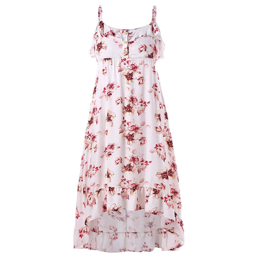 

Wipalo Plus Size 5XL Asymmetrical Floral Print High Low Dress High Waist Bohemian Spaghetti Strap Ankle-Length Dress Vestidos