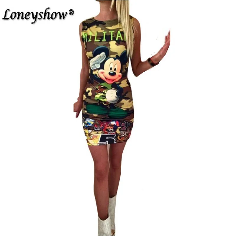 

2017 summer new fashion women mouse pattern print dress casual o-neck sleeveless camouflage character printed dresses Vestidos