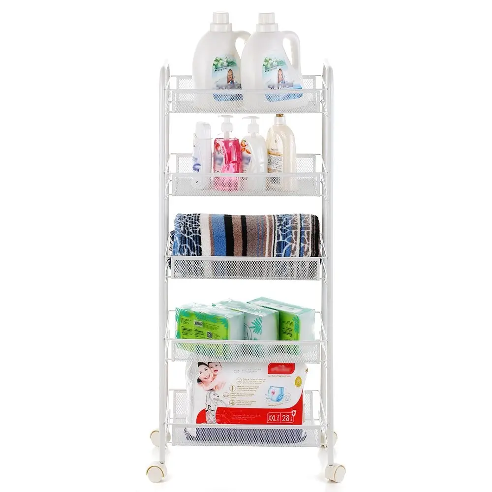 

5-Tier Storage Rack Mesh Wire Rolling Cart Storage Trolley Organizer for Kitchen Bedroom Bathroom Living Room Storage Rack