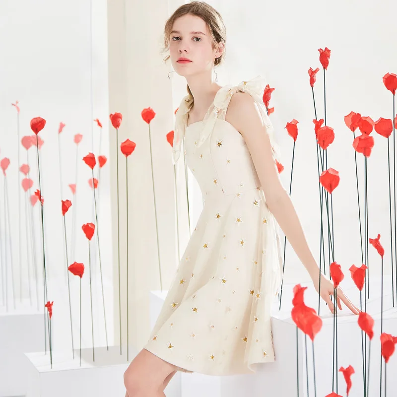 

2019 Spring New Nude European American Women Fairy Sequins Star Mesh Dress Strap Sling A-Line Women Embroidery