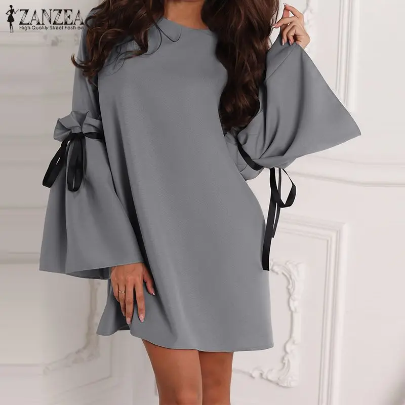 

ZANZEA Summer Women Elegant Flare Sleeve Mini Dress Casual Solid Loose Work OL Vestido Robe Ladies Party Beach Bow Tie Sundress