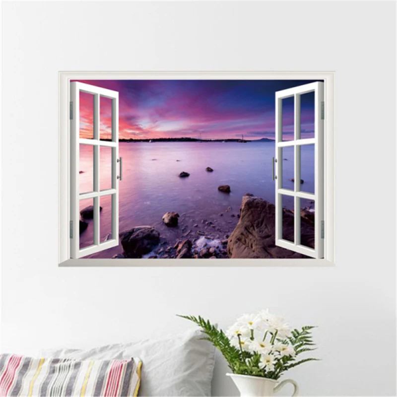 

Hot Sale 3D Stickers Window Sea Beach Sunset View Scenery Art Vinyl Wall Sticker Creative 3D Fake Window Wall Decals Home Decor