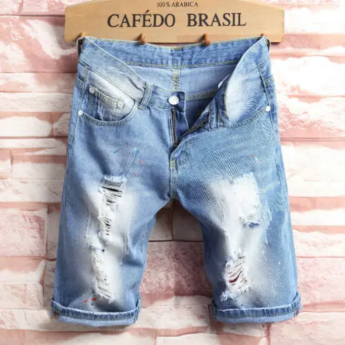 

Men's Skinny Runway Straight Short Denim Pants Destroyed Ripped Jeans Shorts AU